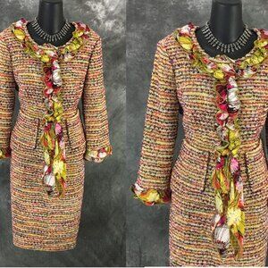 BEAUTIFUL St John knit green pink purple yellow green multi skirt suit size 8